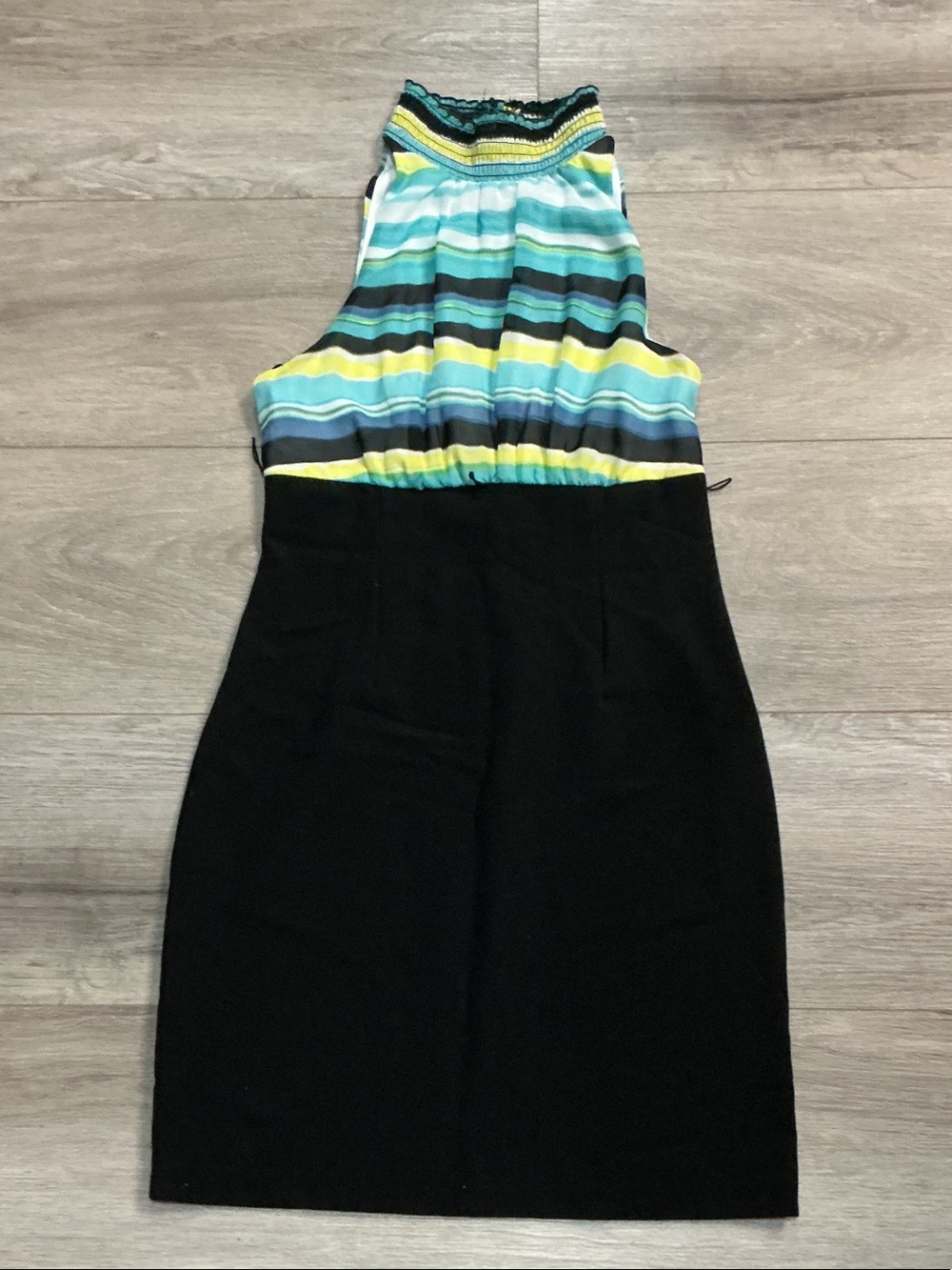 Bwear Black Pencil Dress with Multicolor Striped One-Shoulder Top